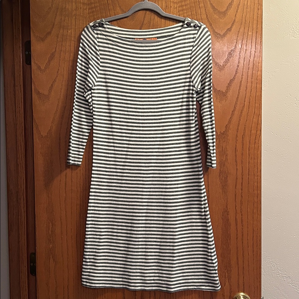Tory Burch Dress Womens Small Ivory Gray Stripe T Shirt Knit Buttons Logo